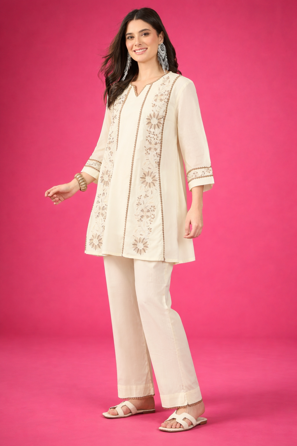 Off-White Embroidered Pure Cotton Round Neck Co-Ords