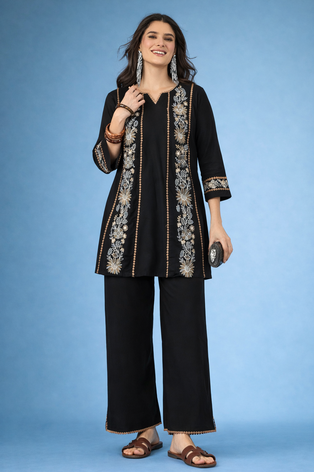 Black Embroidered Pure Cotton Round Neck Co-Ords