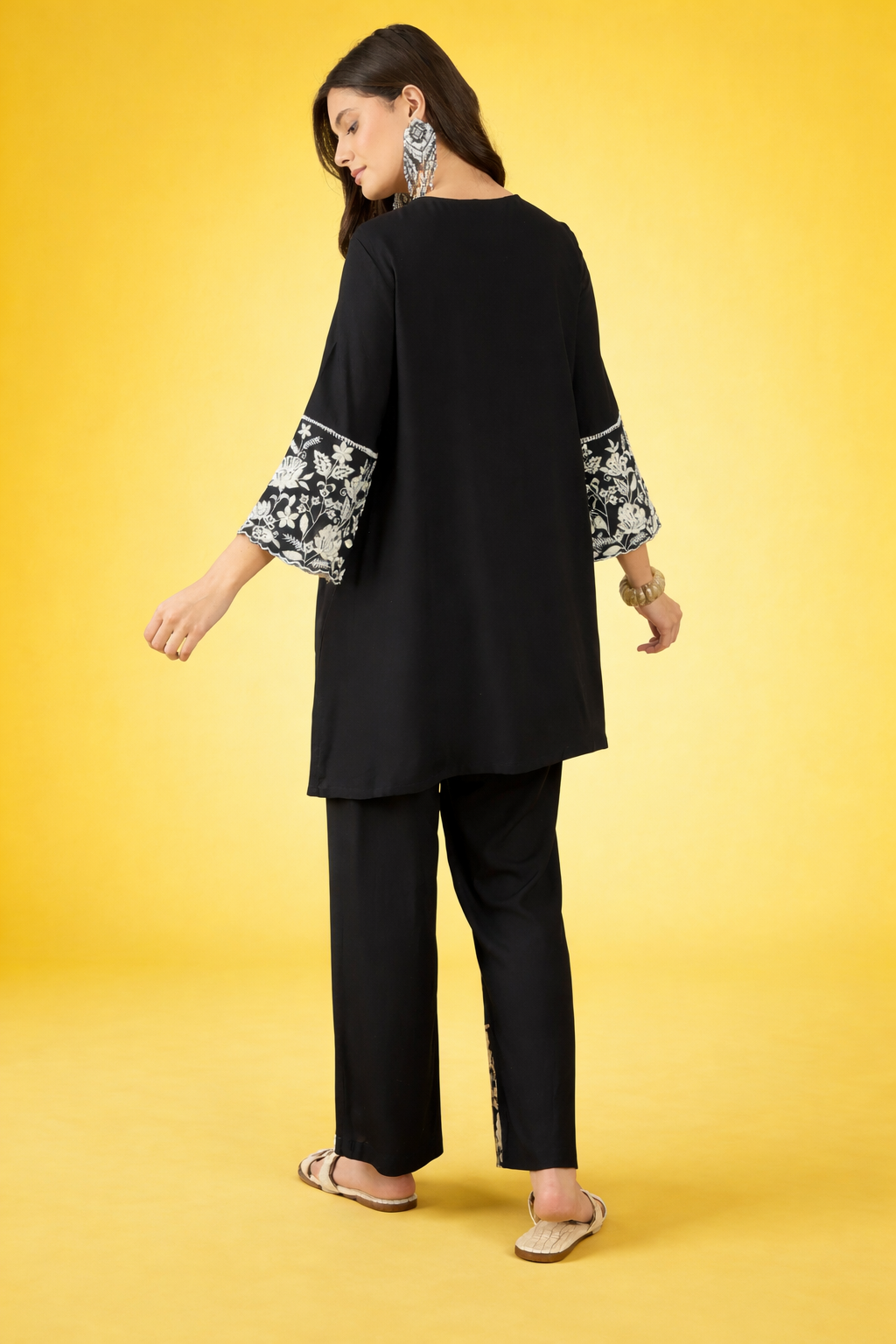 Black thread-work viscose rayon co-ords
