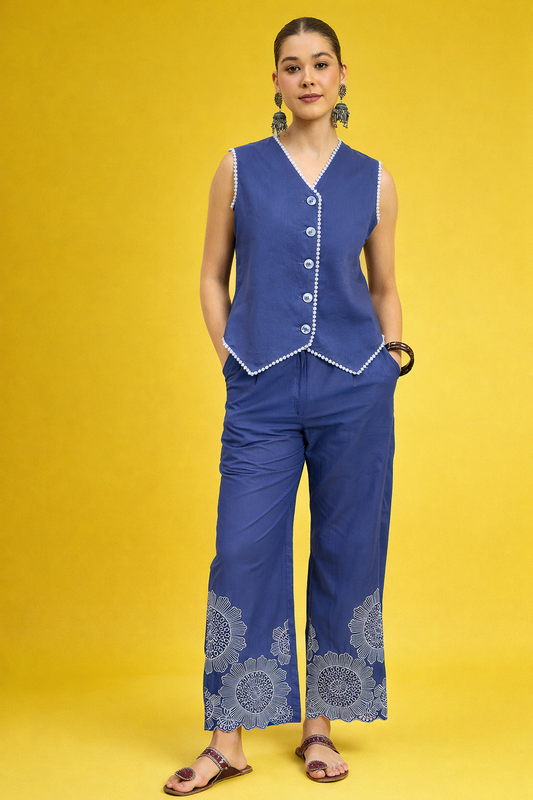 Blue Pure Cotton Waist-Coat Co-ords