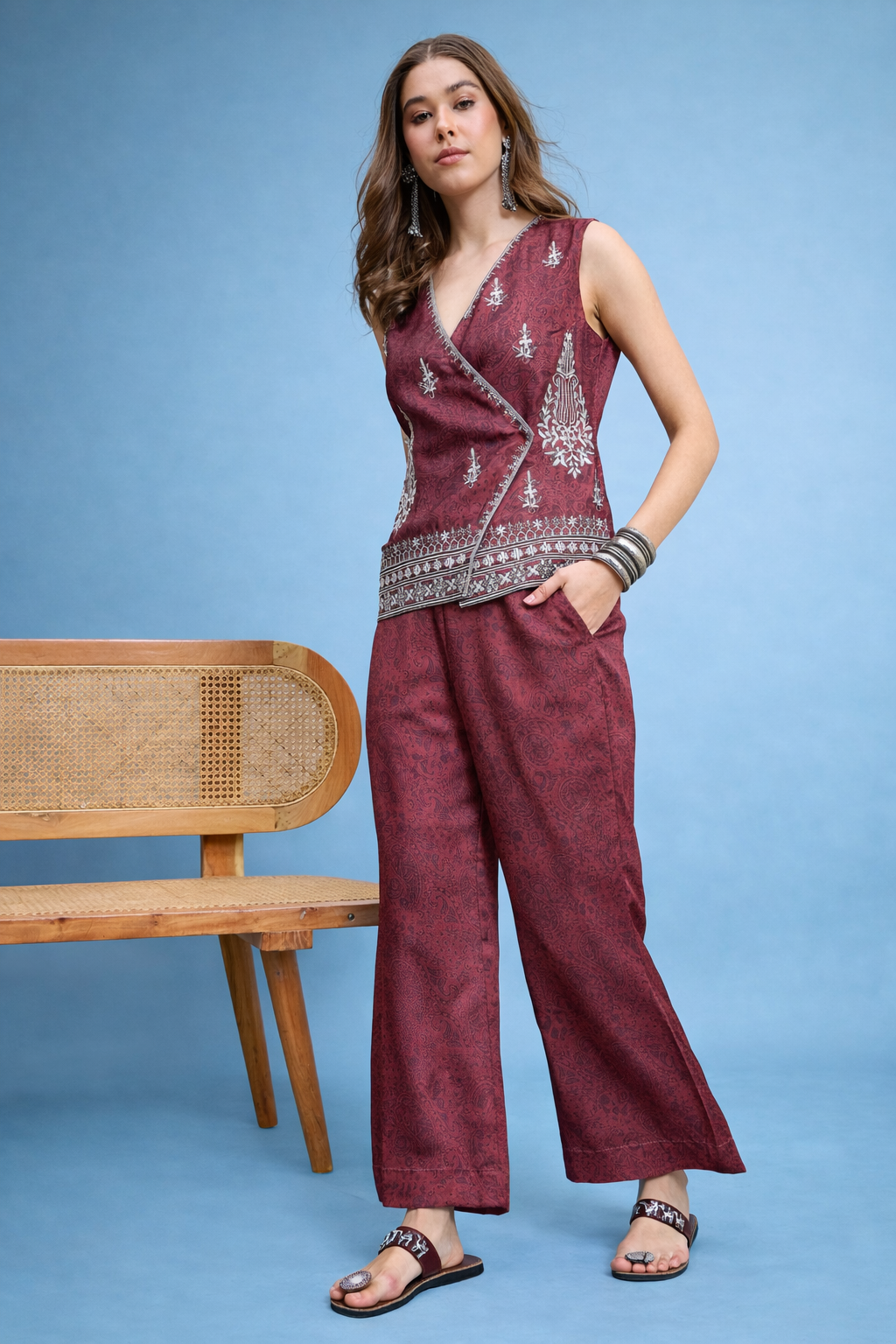 Red Embroidered Printed Top with Palazzos