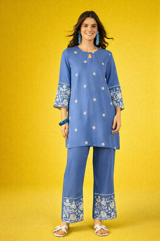 Blue thread-work viscose rayon co-ords